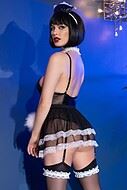 French maid, costume lingerie, wet look, open crotch, ruffle trim, mesh inlay